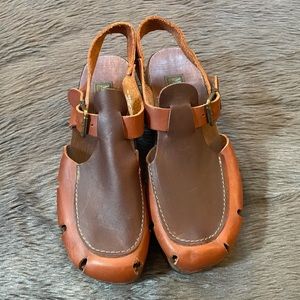 Wood Leather Vintage Clogs 6 37 Italy Maine Woods Brown Tan EUC
